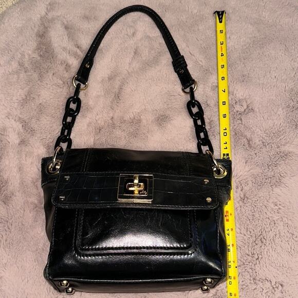 Milly Black Leather/Croc Embossed Top Flap Handbag w/Chunky Enamel Chain Strap - Picture 7 of 11